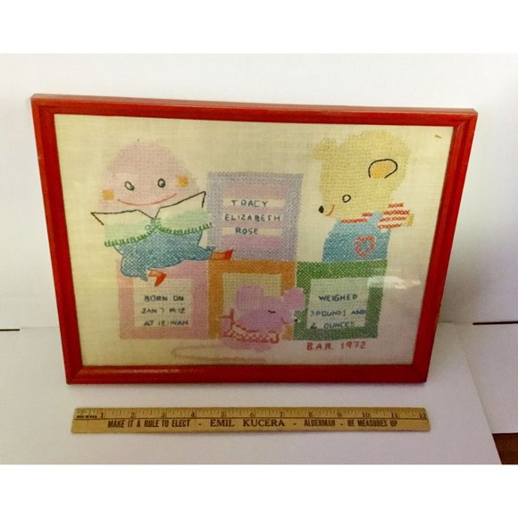 1972 Vtg Cross Stitch Birth Sampler by Paragon to Re-Purpose - Picture 2 of 6